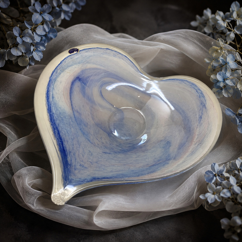 Vintage Murano Italy Large Heart Shaped Art Glass Bowl Blue Swirl Aventurine 15"